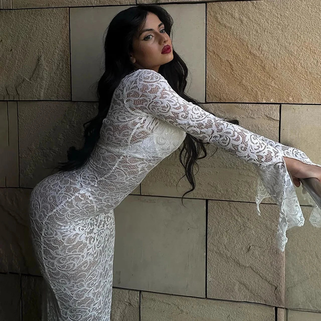 2024 new products Dresses Women spring Women Clothing V-neck lace flared sleeve fishtail sexy dress