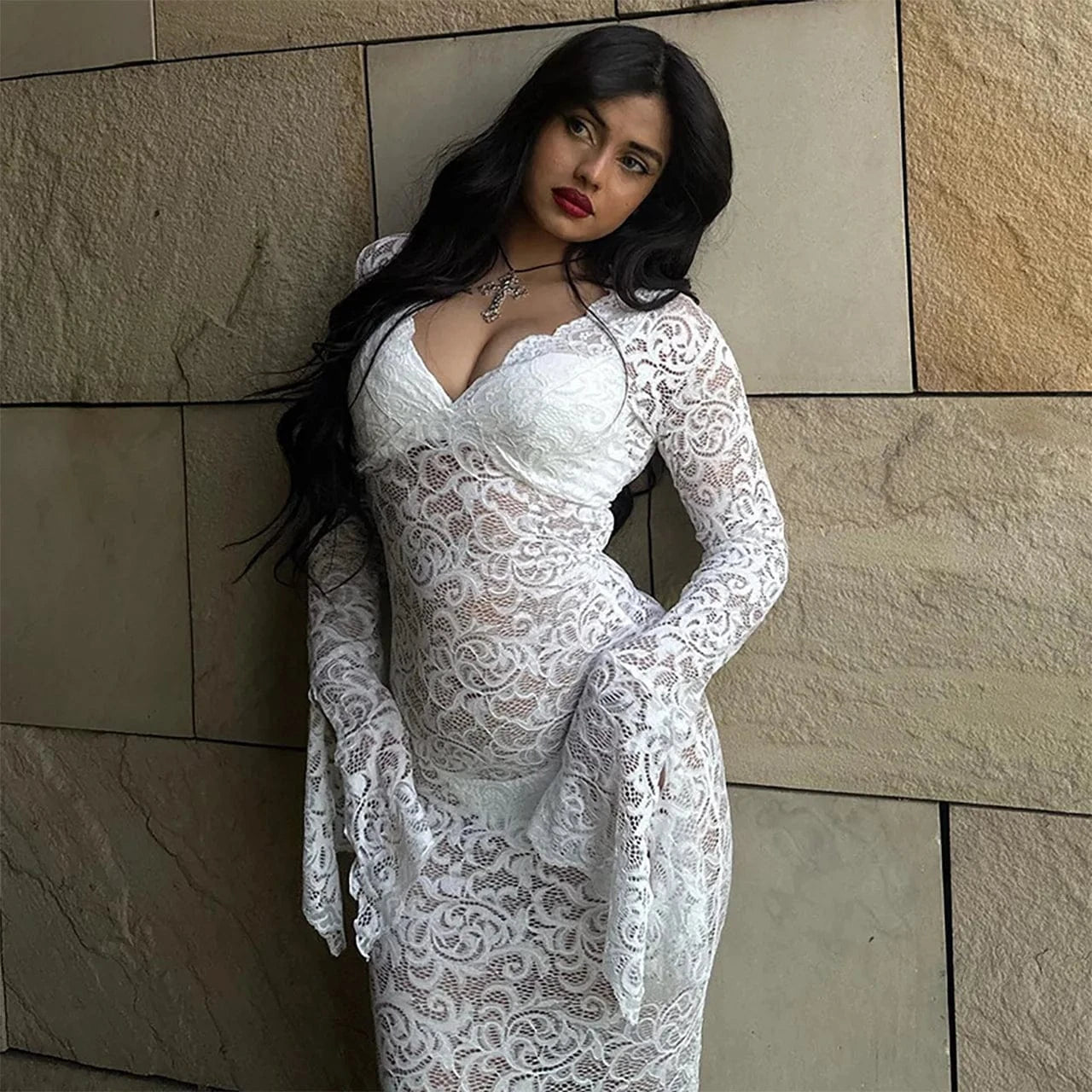 2024 new products Dresses Women spring Women Clothing V-neck lace flared sleeve fishtail sexy dress