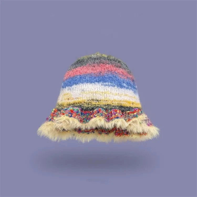 2024 New Retro Color Striped Oil Painting Style Bucket Hats Women Autumn and Winter Japanese Literary Fashion Warm Knitted Caps