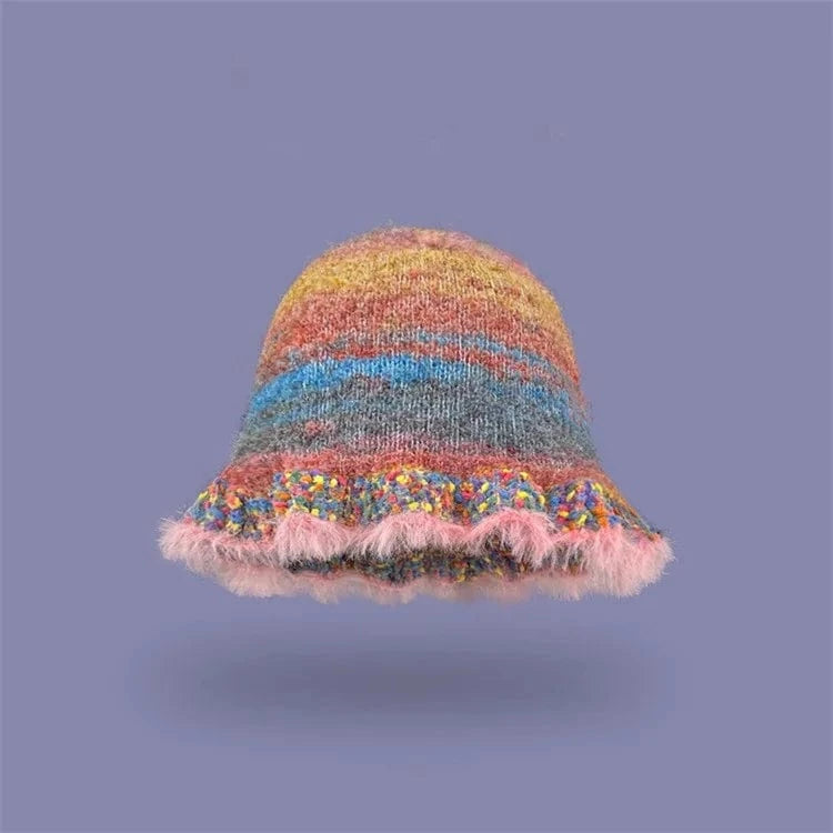 2024 New Retro Color Striped Oil Painting Style Bucket Hats Women Autumn and Winter Japanese Literary Fashion Warm Knitted Caps