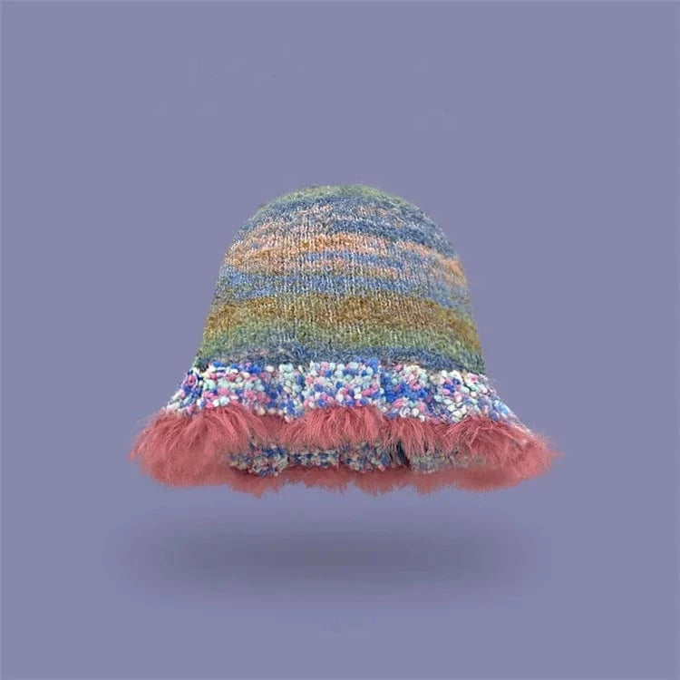 2024 New Retro Color Striped Oil Painting Style Bucket Hats Women Autumn and Winter Japanese Literary Fashion Warm Knitted Caps
