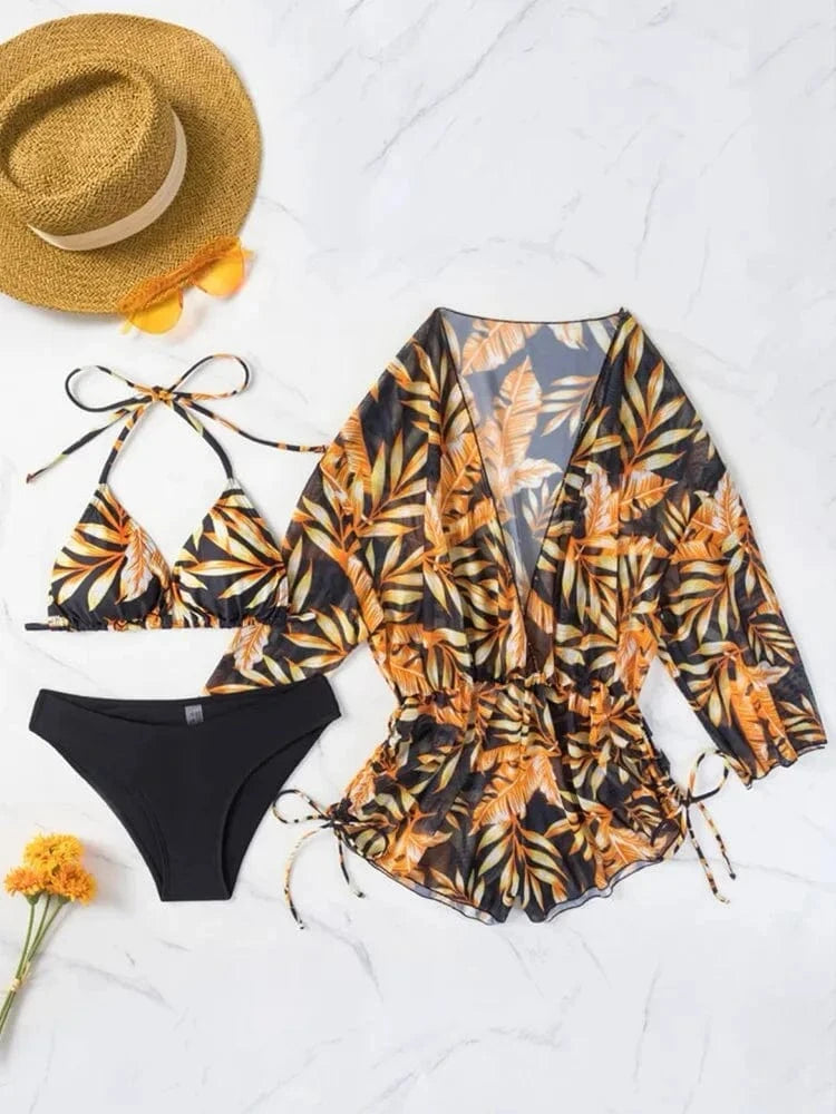 2024 New Sexy Bikinis Women Swimwear with Mesh Long Sleeve Beach Playsuit Cover Up 3 Piece Bikini Set Printed Swimsuit Beachwear