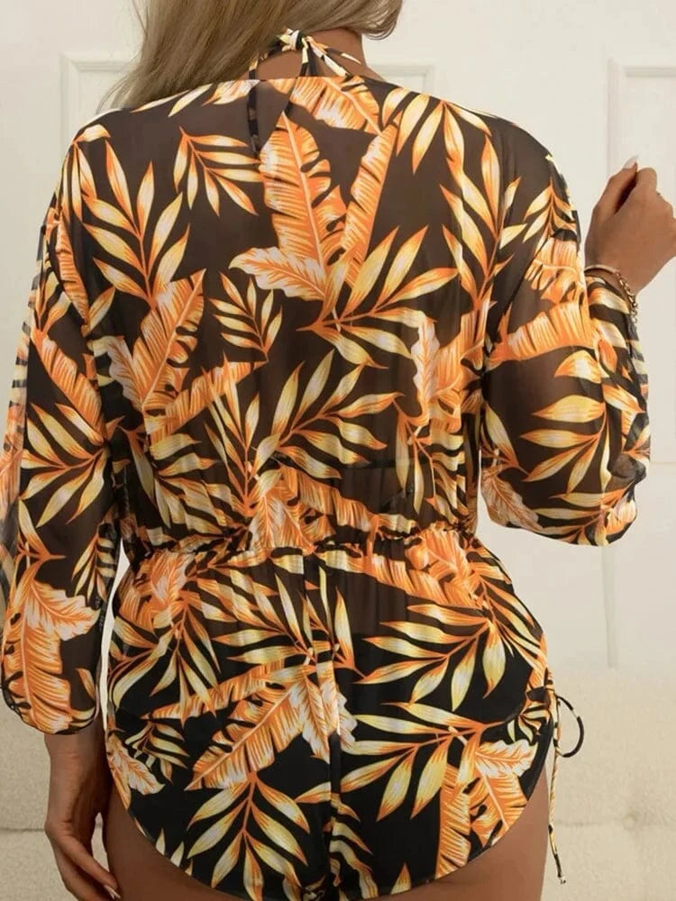 2024 New Sexy Bikinis Women Swimwear with Mesh Long Sleeve Beach Playsuit Cover Up 3 Piece Bikini Set Printed Swimsuit Beachwear