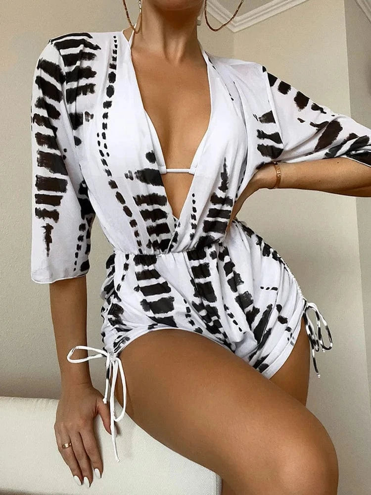 2024 New Sexy Bikinis Women Swimwear with Mesh Long Sleeve Beach Playsuit Cover Up 3 Piece Bikini Set Printed Swimsuit Beachwear