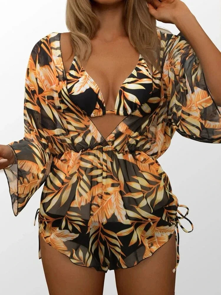 2024 New Sexy Bikinis Women Swimwear with Mesh Long Sleeve Beach Playsuit Cover Up 3 Piece Bikini Set Printed Swimsuit Beachwear
