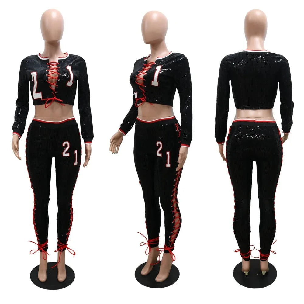 2024 New Sexy Sequin Crop Top and Pants Set Casual 2 Piece Set Sweat Suits Outfit Pants Set Women Clothing