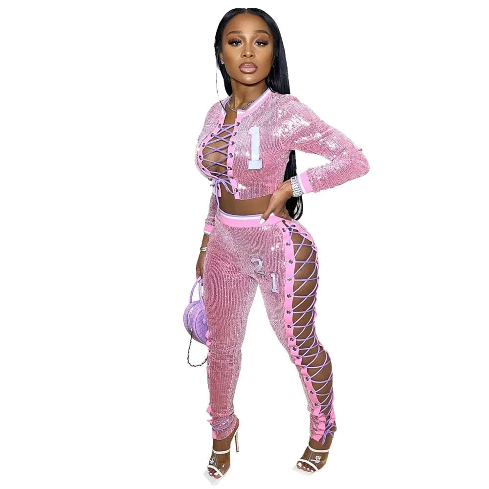 2024 New Sexy Sequin Crop Top and Pants Set Casual 2 Piece Set Sweat Suits Outfit Pants Set Women Clothing