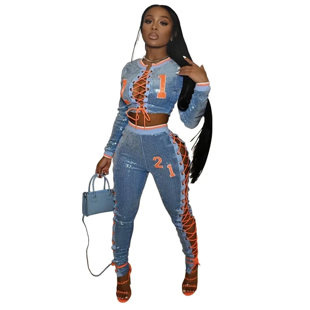 2024 New Sexy Sequin Crop Top and Pants Set Casual 2 Piece Set Sweat Suits Outfit Pants Set Women Clothing