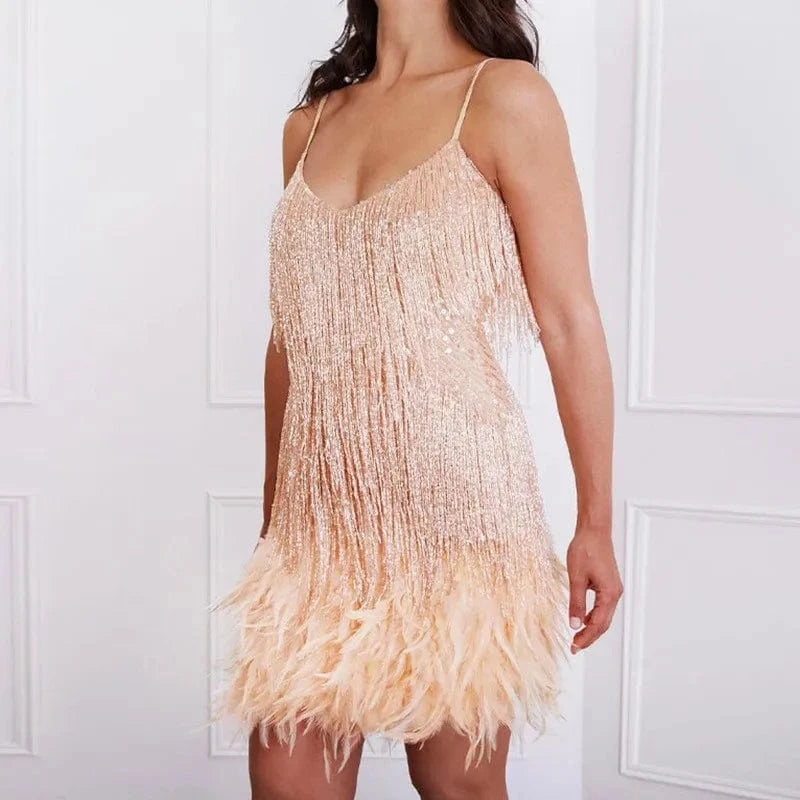 2024 New Sexy Tassel Sequins Feather Mini Dress Women Spaghetti Strap Stitching Dresses Female Elegant Evening Party Club Dress