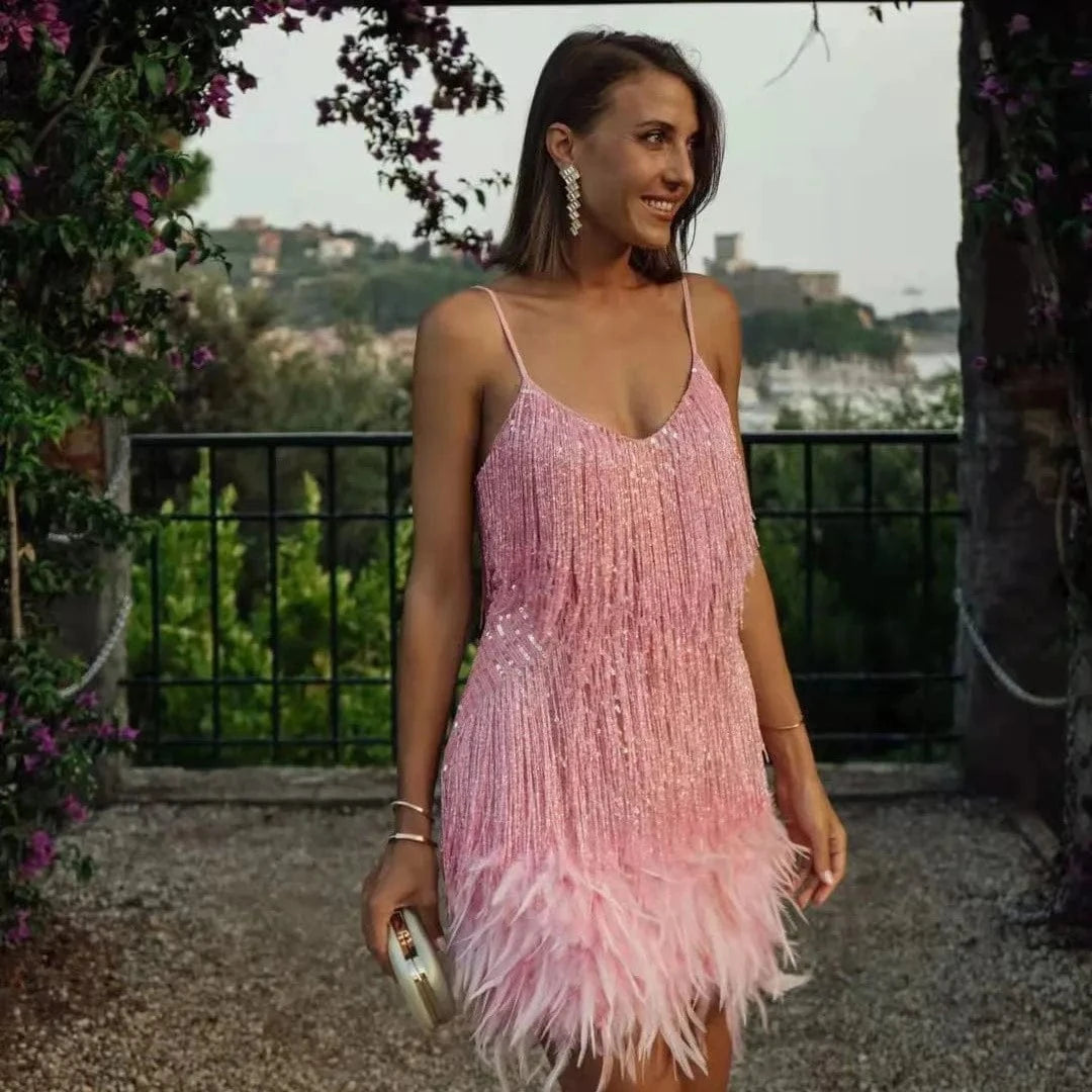 2024 New Sexy Tassel Sequins Feather Mini Dress Women Spaghetti Strap Stitching Dresses Female Elegant Evening Party Club Dress