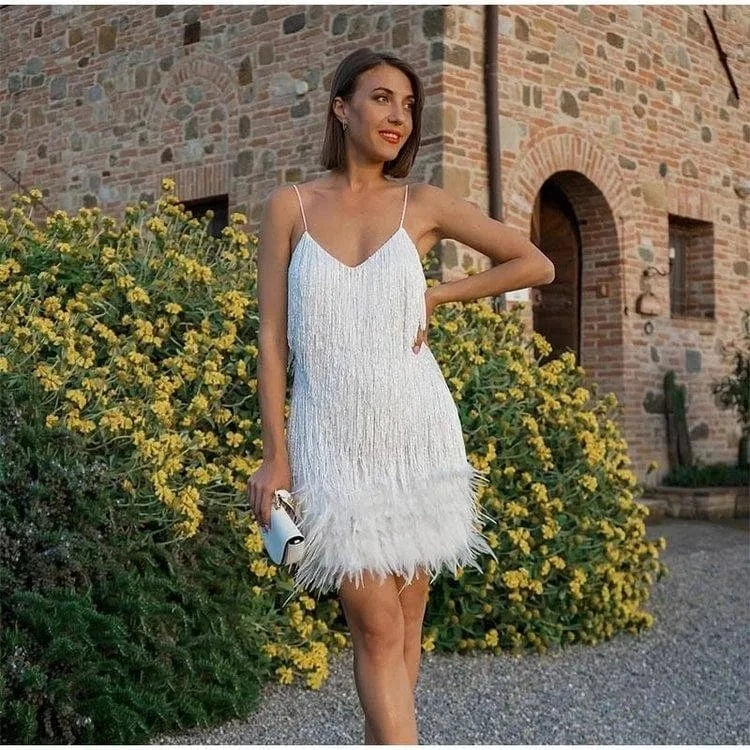 2024 New Sexy Tassel Sequins Feather Mini Dress Women Spaghetti Strap Stitching Dresses Female Elegant Evening Party Club Dress