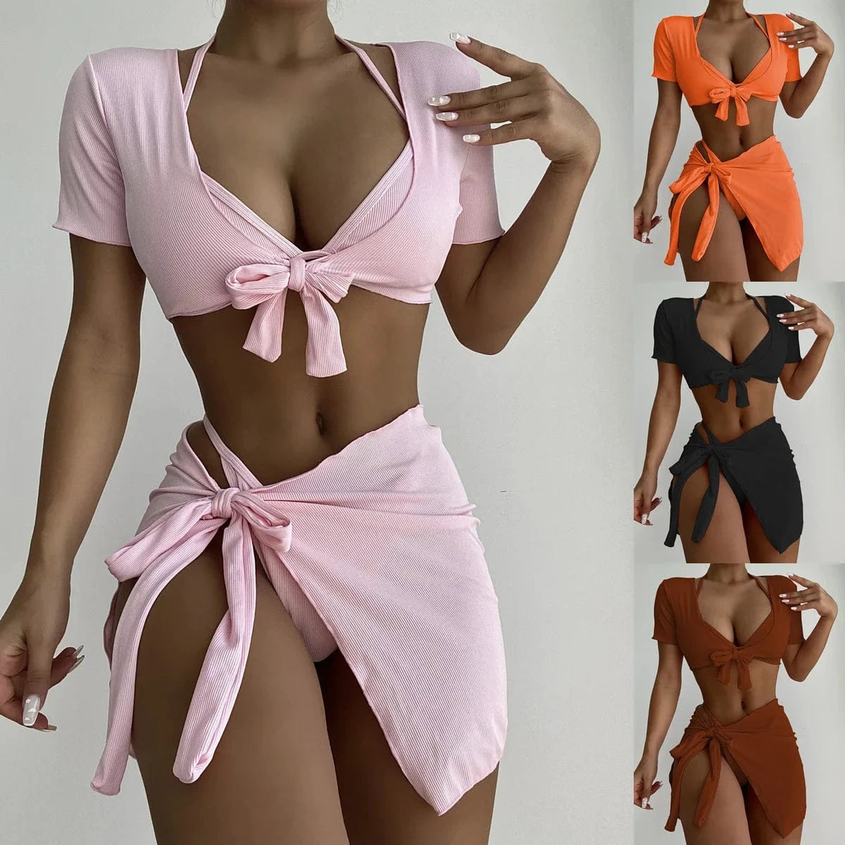 2024 new solid color bikini four-piece swimsuit casual suit lace-up blouse/swimming trunks/bikini