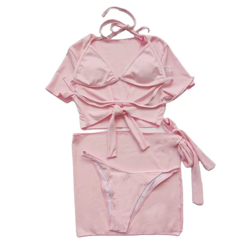 2024 new solid color bikini four-piece swimsuit casual suit lace-up blouse/swimming trunks/bikini