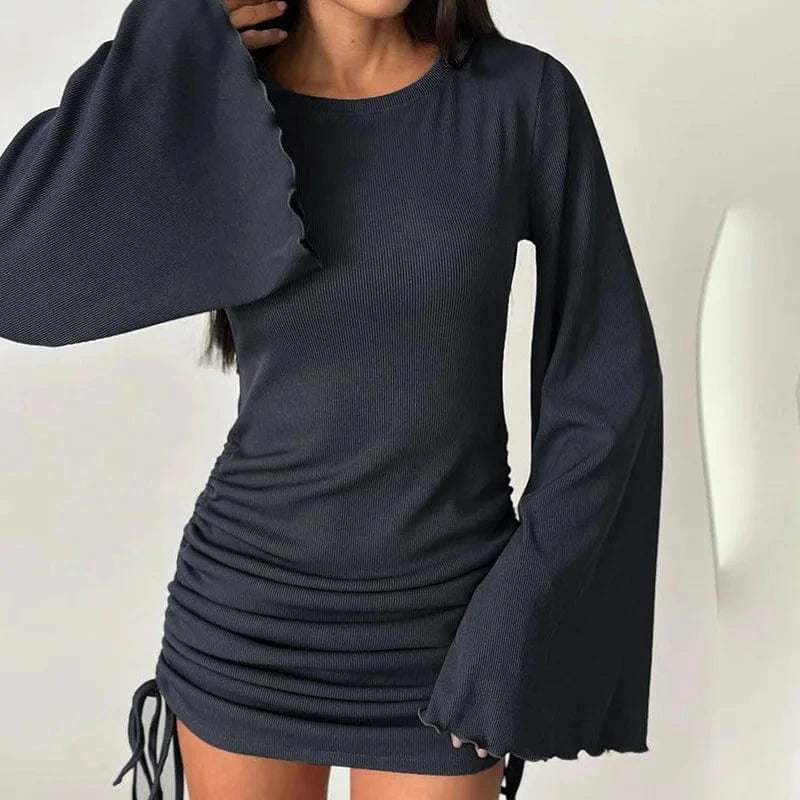 2024 new solid color ribbed flare long sleeve sexy slim bodycon dress woman