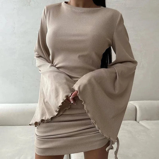 2024 new solid color ribbed flare long sleeve sexy slim bodycon dress woman