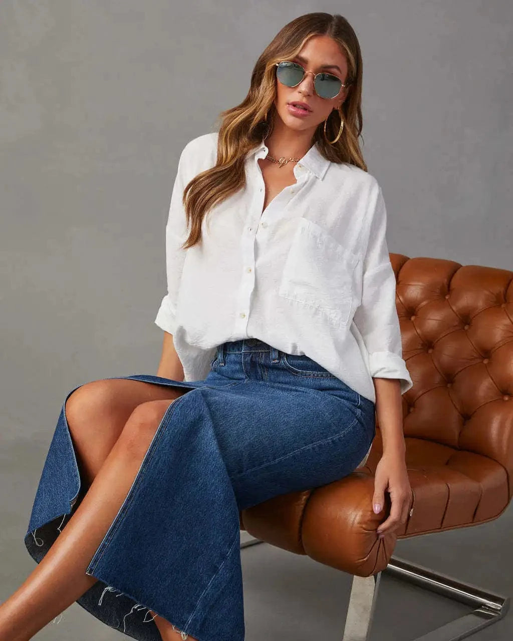 2024 New split Denim skirt High waist Washed European and American style A- line skirt Mid-length skirt For women