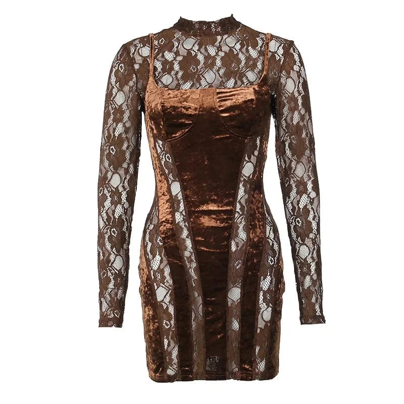 2024 New Spring Patchwork Velvet Tube Dress Women Long Sleeve Bodycon Dress Sexy Hollow Out Lace Dresses
