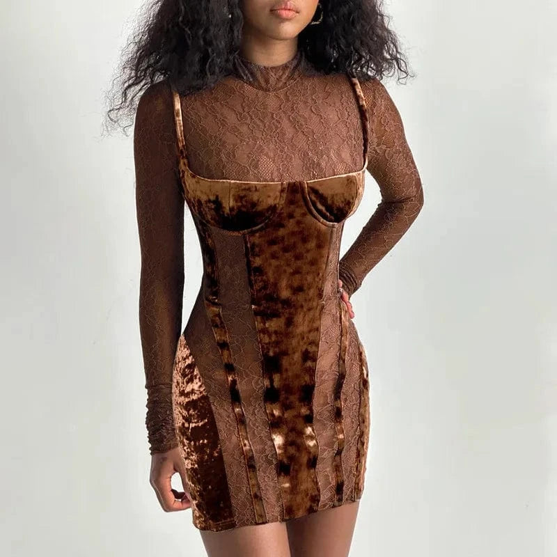 2024 New Spring Patchwork Velvet Tube Dress Women Long Sleeve Bodycon Dress Sexy Hollow Out Lace Dresses