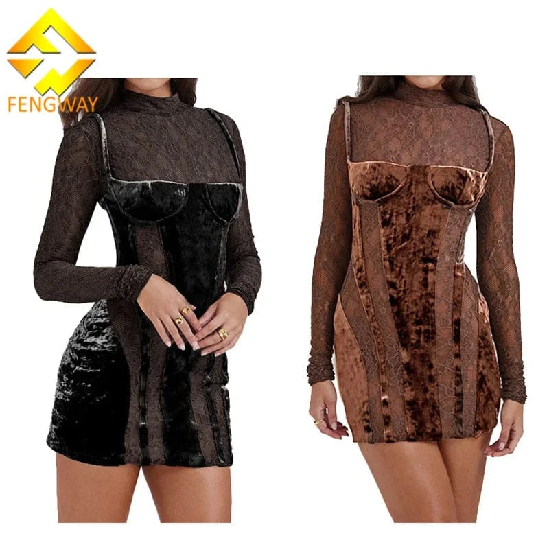2024 New Spring Patchwork Velvet Tube Dress Women Long Sleeve Bodycon Dress Sexy Hollow Out Lace Dresses