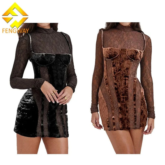 2024 New Spring Patchwork Velvet Tube Dress Women Long Sleeve Bodycon Dress Sexy Hollow Out Lace Dresses
