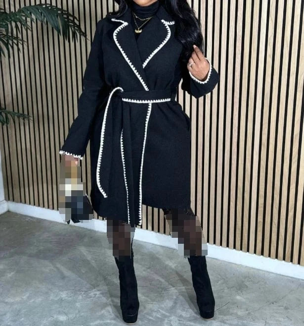 2024 New Spring Woven Lapel Long Coat Patchwork Casual Loose Windbreaker Fashion Ladies Belt Woolen Coat
