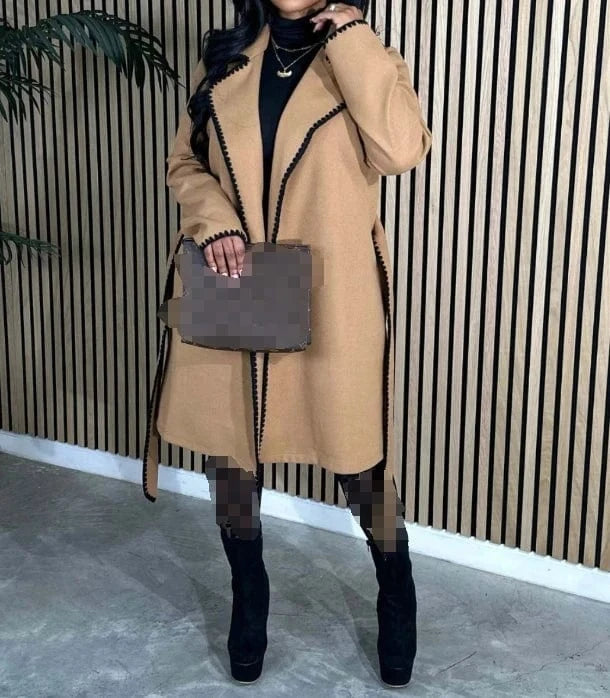 2024 New Spring Woven Lapel Long Coat Patchwork Casual Loose Windbreaker Fashion Ladies Belt Woolen Coat