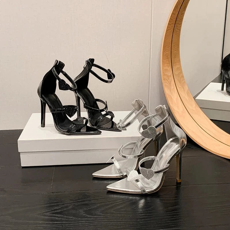 2024 New Star style with love rhinestone slim high heel sexy sandals ready stock