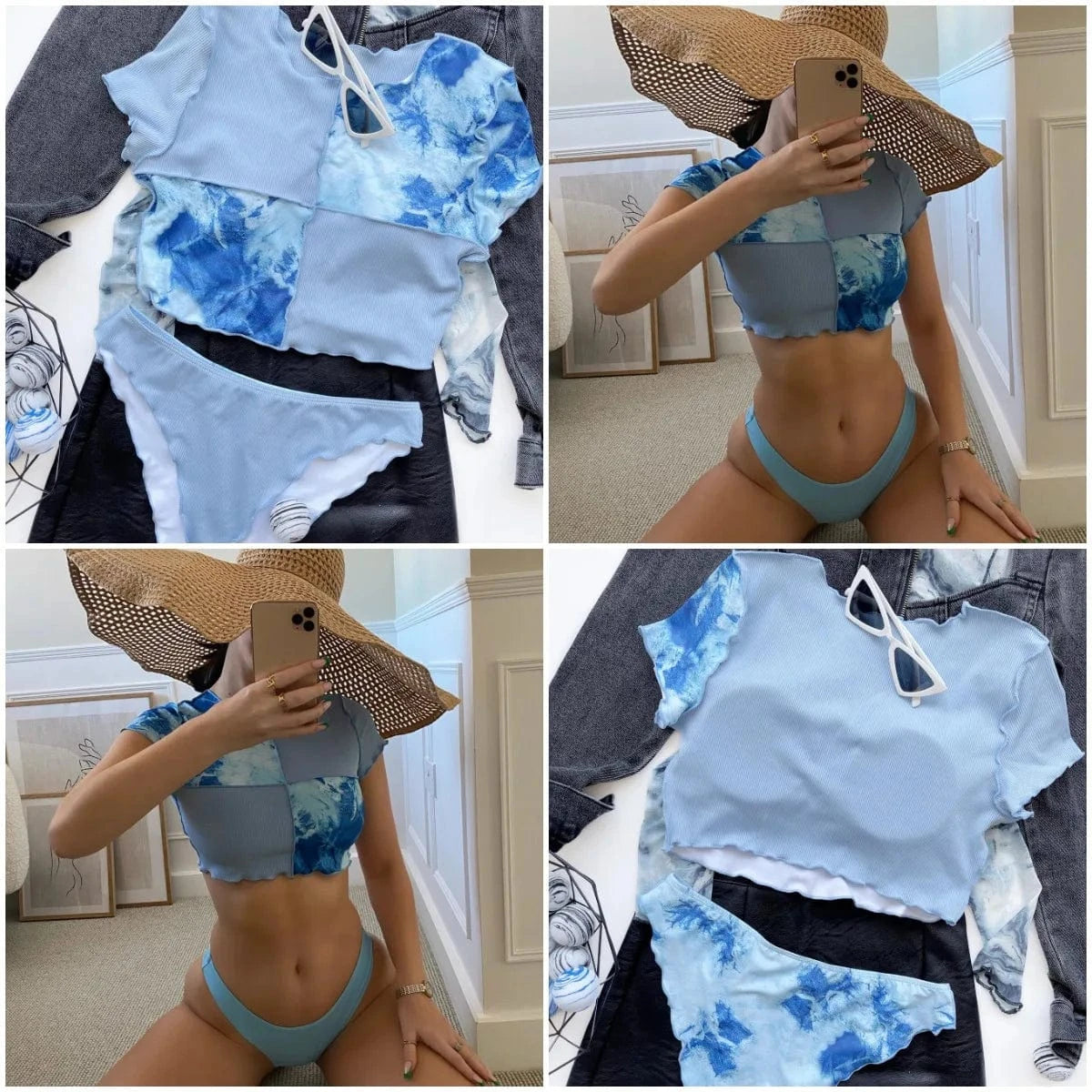 2024 new stitching short-sleeved swimsuit blue stitching bikini swimsuit 2-piece O neck crop top high waist swimming trunks