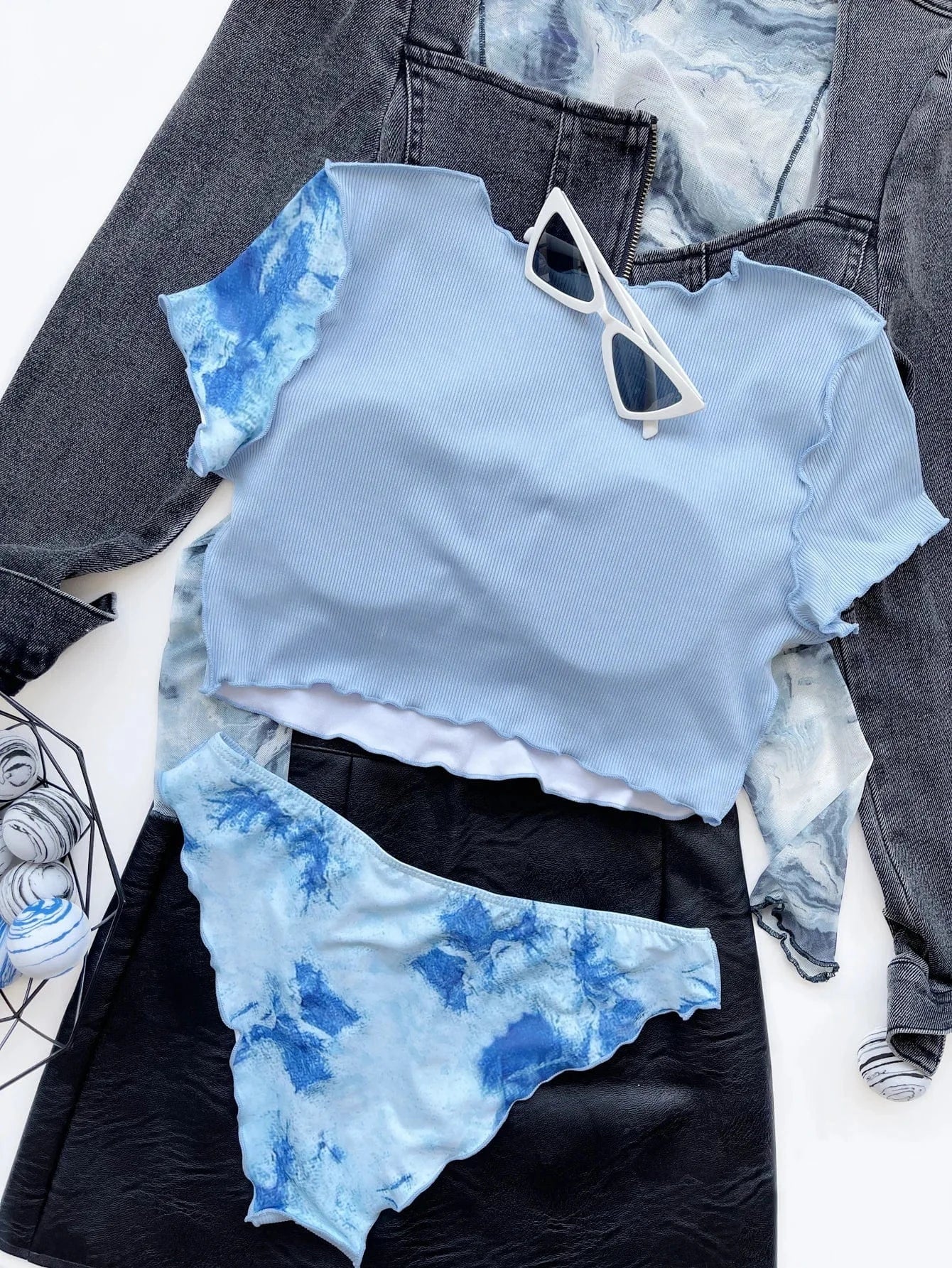 2024 new stitching short-sleeved swimsuit blue stitching bikini swimsuit 2-piece O neck crop top high waist swimming trunks