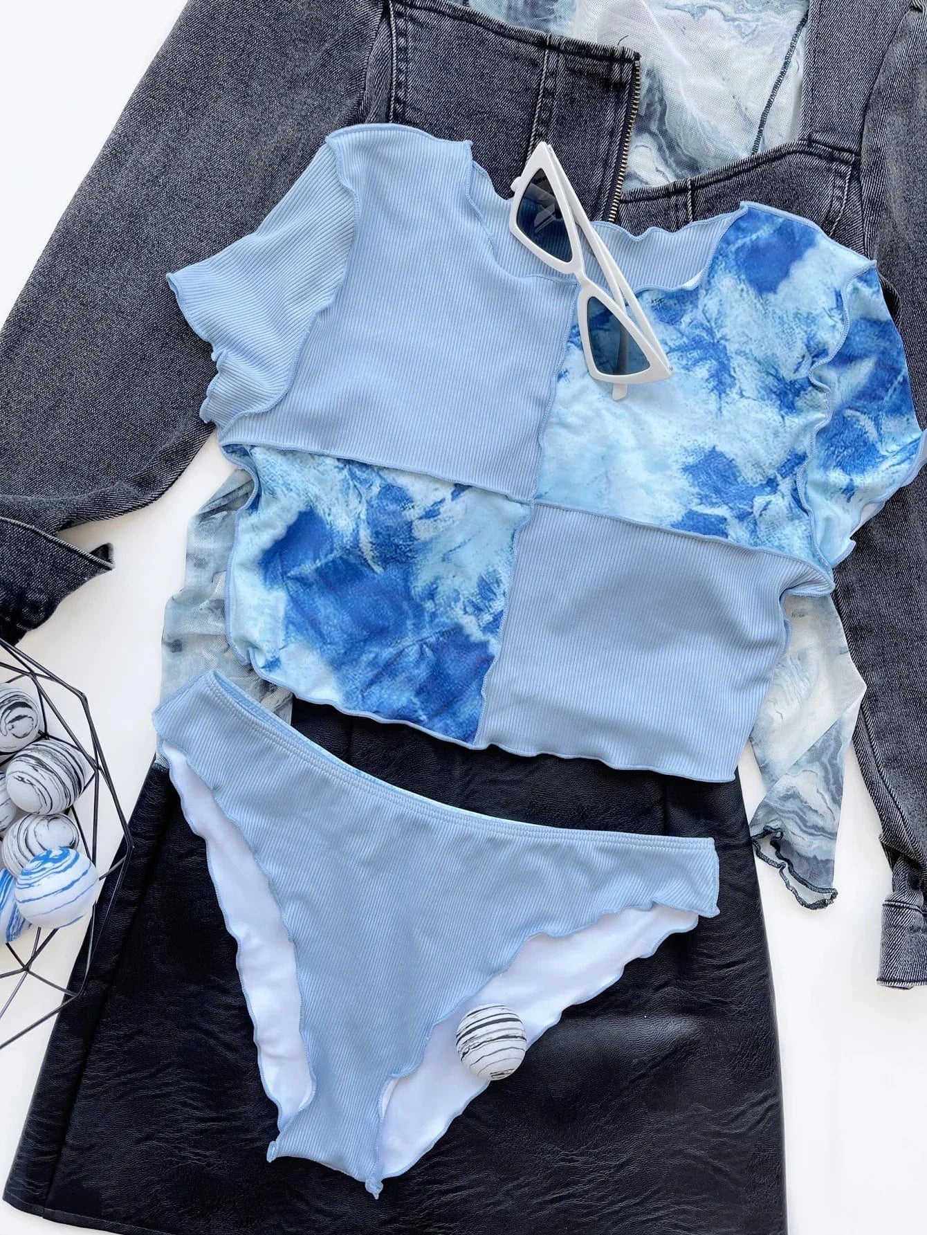 2024 new stitching short-sleeved swimsuit blue stitching bikini swimsuit 2-piece O neck crop top high waist swimming trunks