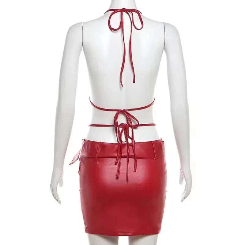 2024 New Summer Deep V Neck Halter Dress Hollow Out Bodycon Mini Dress Sexy Backless Pu Leather Dress With Belt
