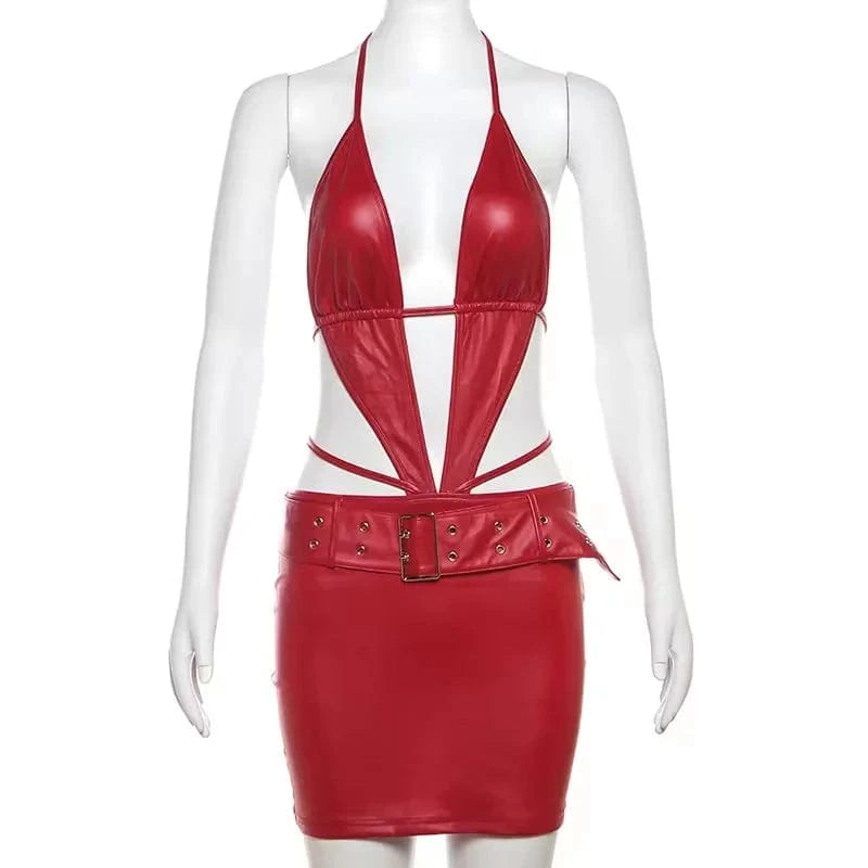 2024 New Summer Deep V Neck Halter Dress Hollow Out Bodycon Mini Dress Sexy Backless Pu Leather Dress With Belt