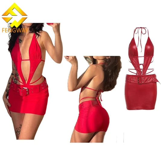 2024 New Summer Deep V Neck Halter Dress Hollow Out Bodycon Mini Dress Sexy Backless Pu Leather Dress With Belt