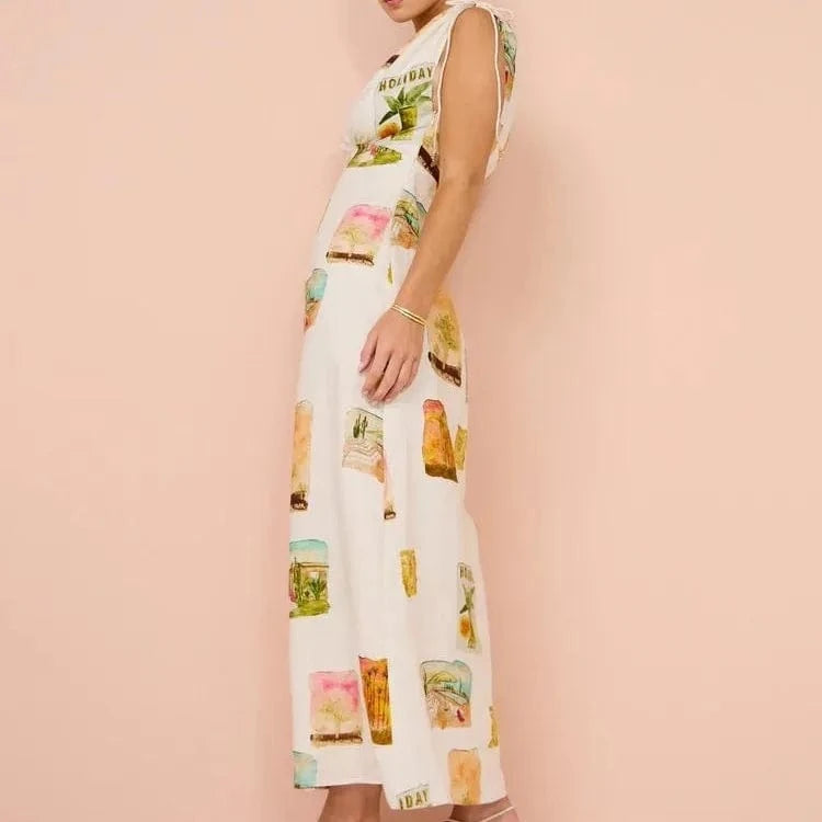 2024 New Summer European and American New Printed V-neck Ramie Lace-up Elegant Sleeveless High Waist Women's dress