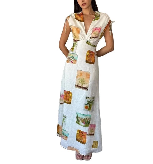 2024 New Summer European and American New Printed V-neck Ramie Lace-up Elegant Sleeveless High Waist Women's dress