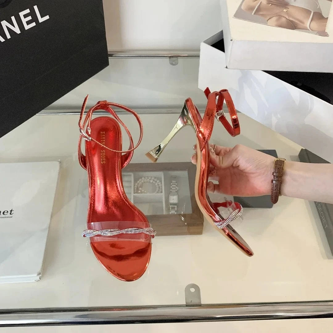 2024 new summer open toe with light luxury fashion rhinestone high heels thin heel black all-match sandals for women