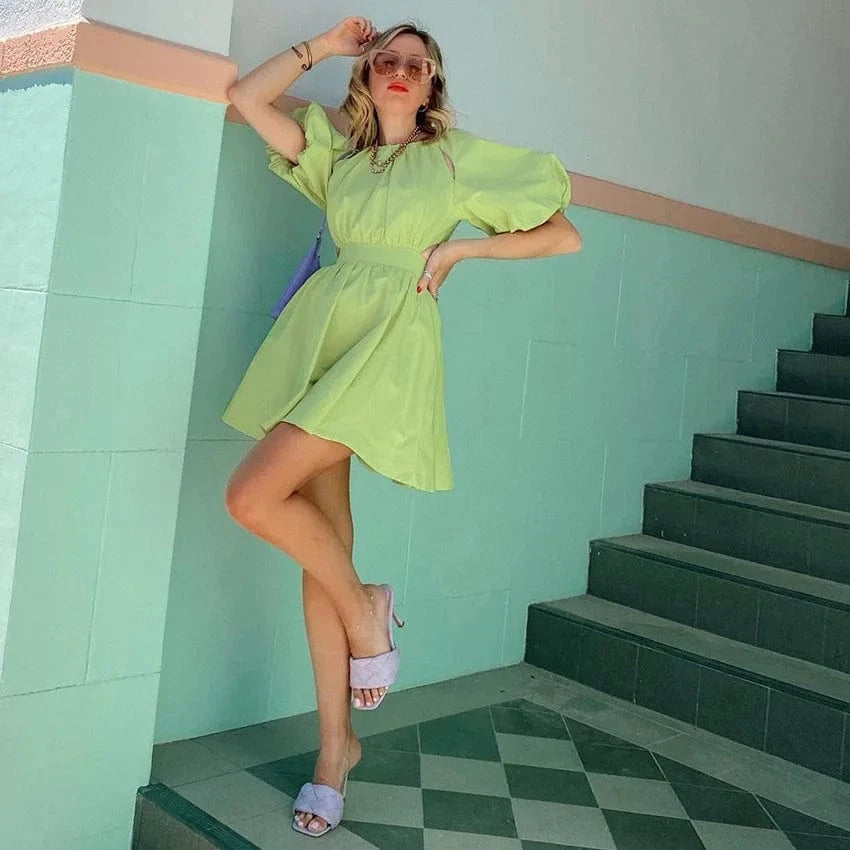 2024 New Summer Shirt Dresses French Style Puffed Sleeve Mini Ruffled Western Vintage Green Dress