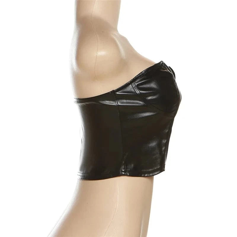 2024 New Summer Women 2pcs Pu Dress Set Solid Color Off Shoulder Sleeveless V Neck Crop Top+pocket Metal Buckle Mini Skirt