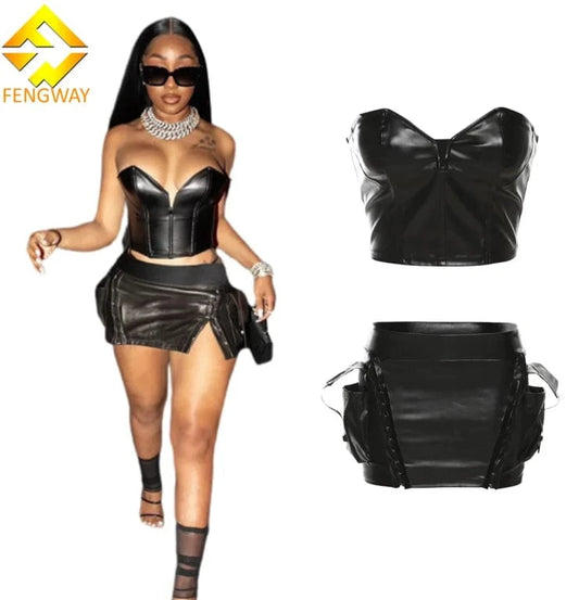 2024 New Summer Women 2pcs Pu Dress Set Solid Color Off Shoulder Sleeveless V Neck Crop Top+pocket Metal Buckle Mini Skirt