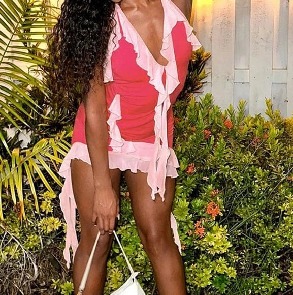 2024 New Summer Women Sleeveless Halter Dress Sexy V Neck Mini Dress Fashion Patchwork Ruffles Bodycon Dress
