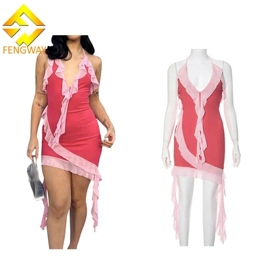 2024 New Summer Women Sleeveless Halter Dress Sexy V Neck Mini Dress Fashion Patchwork Ruffles Bodycon Dress