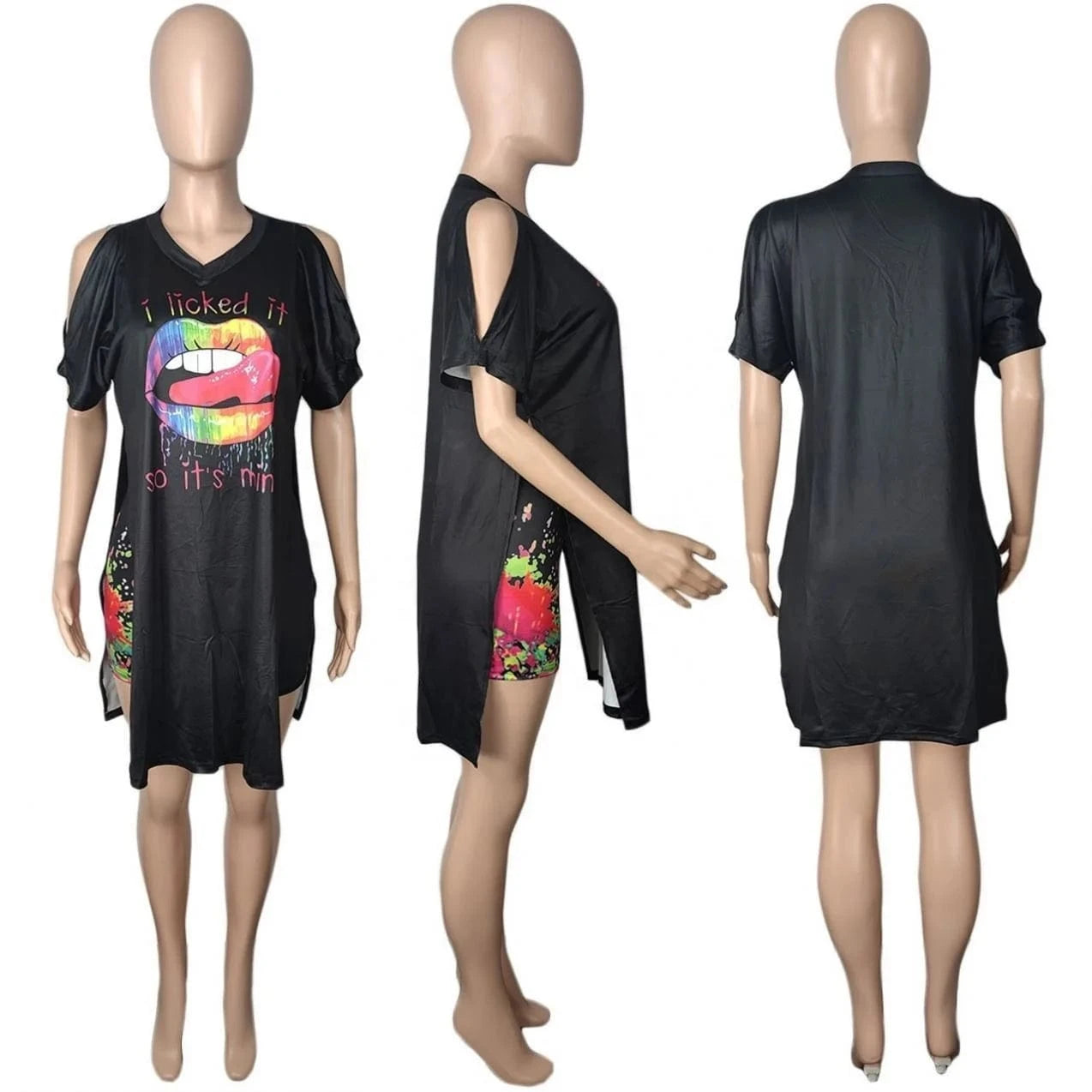 2024 New Tie-Dye Printing Short Sleeved Suit Hole Loose Fashion Sexy Lips English Letters Split Top Shorts Two Piece Set