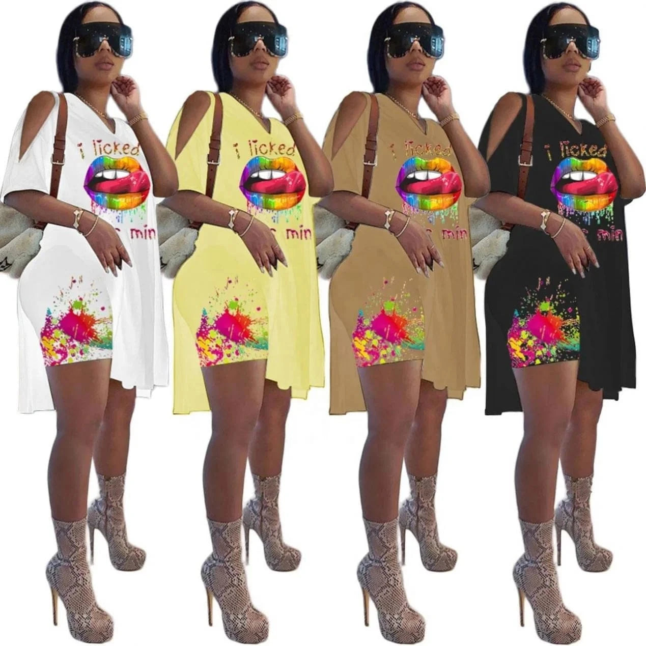 2024 New Tie-Dye Printing Short Sleeved Suit Hole Loose Fashion Sexy Lips English Letters Split Top Shorts Two Piece Set