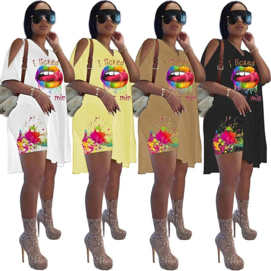 2024 New Tie-Dye Printing Short Sleeved Suit Hole Loose Fashion Sexy Lips English Letters Split Top Shorts Two Piece Set