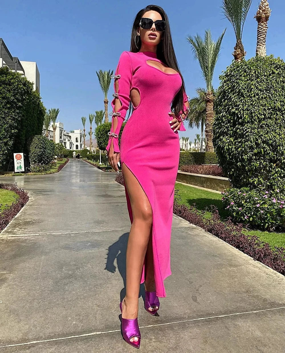 2024 New Trendy Evening Dress With Long Sleeves bare breast party dress sexy rose Red bodycon dresslady elegant maxi dresses