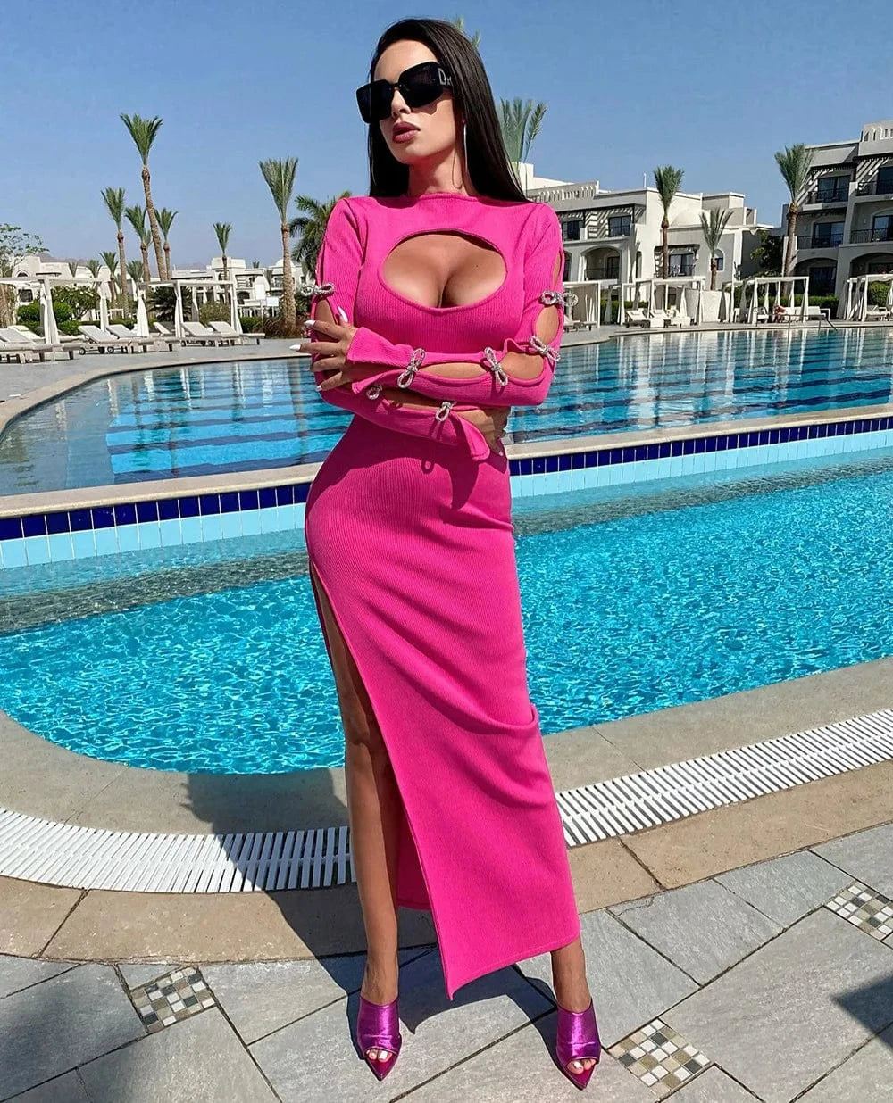 2024 New Trendy Evening Dress With Long Sleeves bare breast party dress sexy rose Red bodycon dresslady elegant maxi dresses
