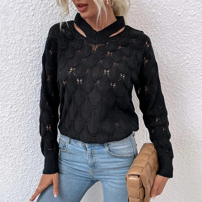 2024 New Trendy Knit V-Neck Off-Shoulder Floral Sweater Women's Autumn Winter Tops Lady Clothing