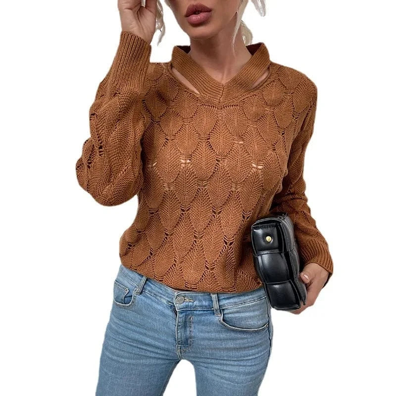 2024 New Trendy Knit V-Neck Off-Shoulder Floral Sweater Women's Autumn Winter Tops Lady Clothing