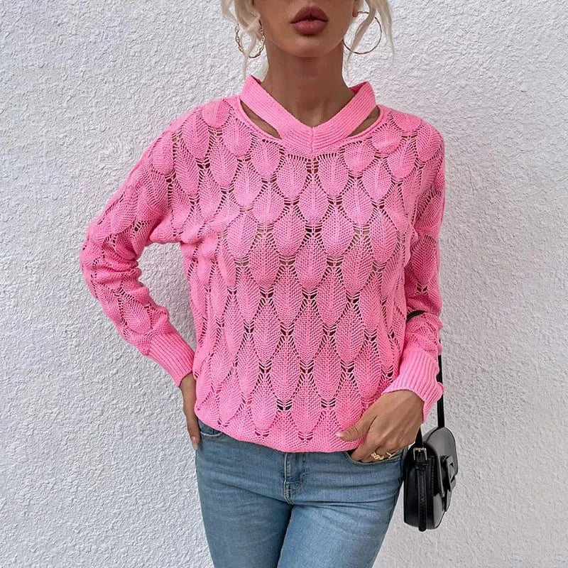 2024 New Trendy Knit V-Neck Off-Shoulder Floral Sweater Women's Autumn Winter Tops Lady Clothing