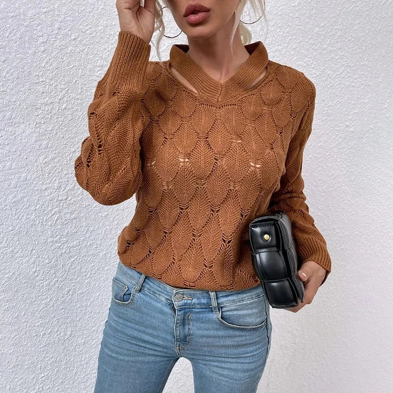 2024 New Trendy Knit V-Neck Off-Shoulder Floral Sweater Women's Autumn Winter Tops Lady Clothing